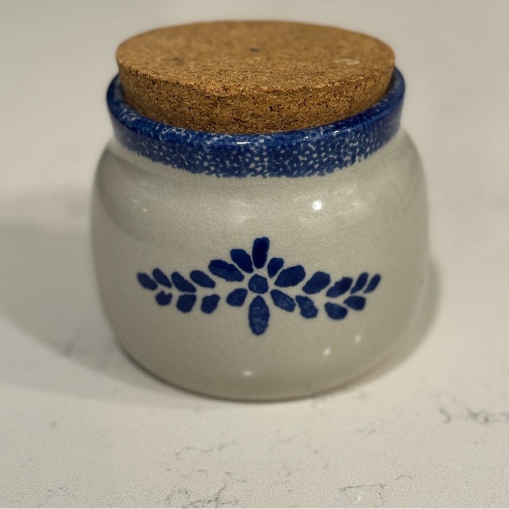 Vintage Loomco Container With Cork Lid - Cobalt Blue Design And Rim